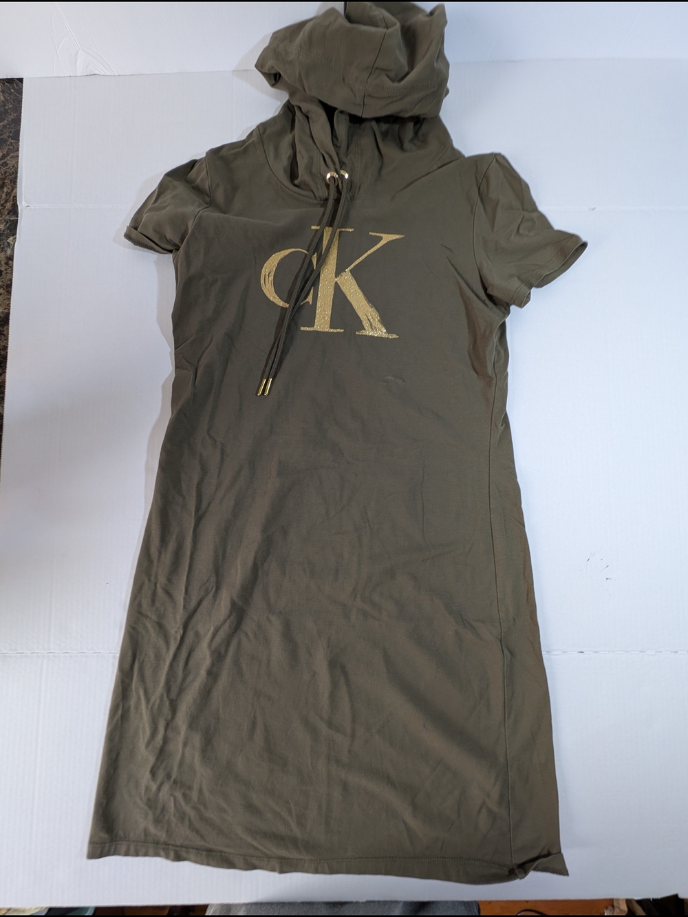 Calvin Klein Olive Green Hooded Short-Sleeve Logo Dress with Gold Accents